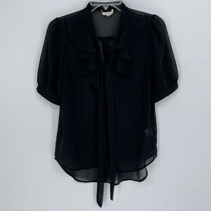 Tea n Rose Women's Black Ruffle Tie Neck Sheer Short Sleeve Blouse Size Medium